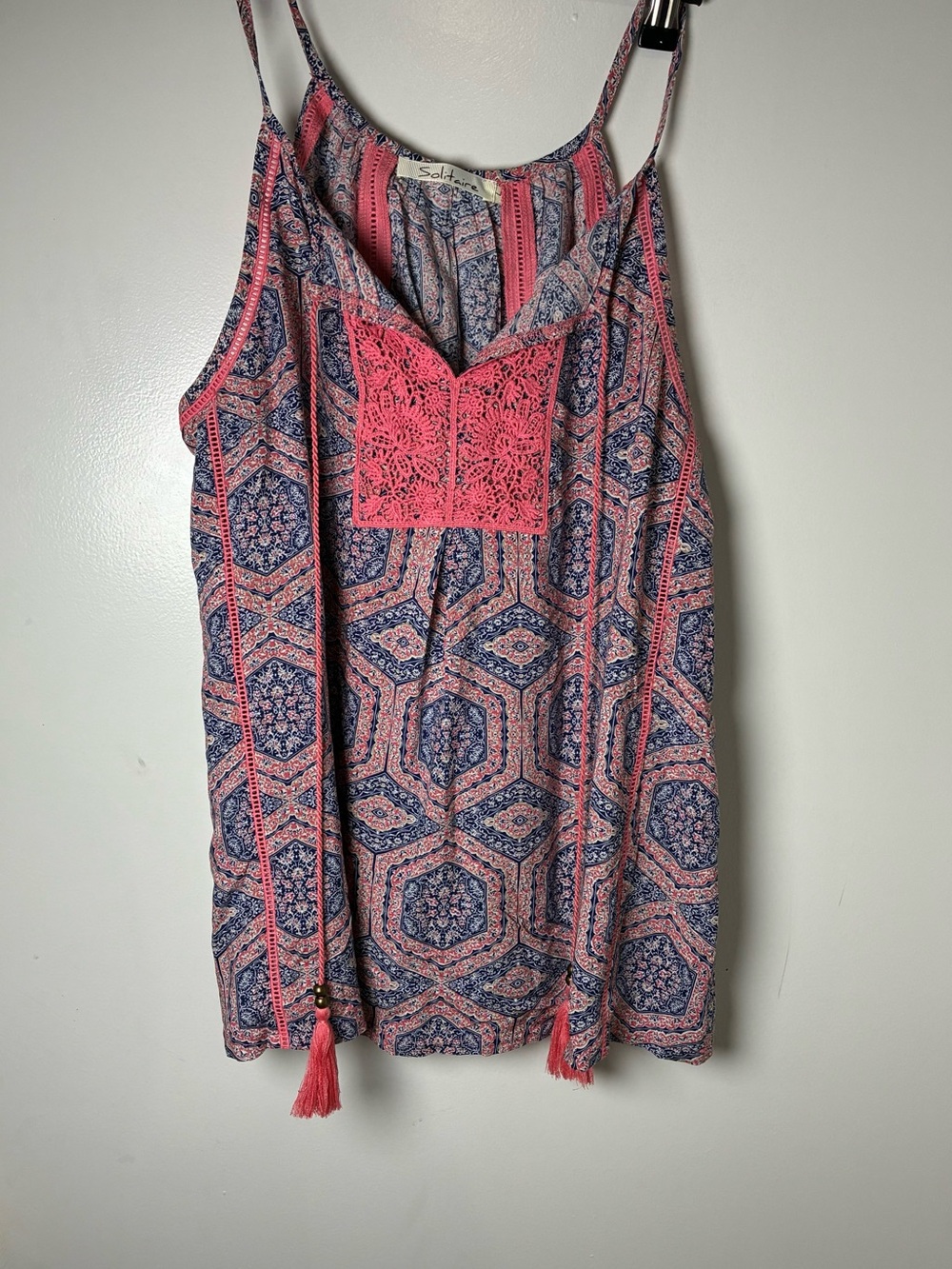 Sole Society Pink and Blue Crochet-Accent Printed Cami Solitaire Size L women - Picture 1 of 9